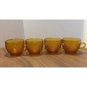Sandwich Amber by Indiana Glass Co Amber Glass Teacups Set Of 4 Vintage MCM